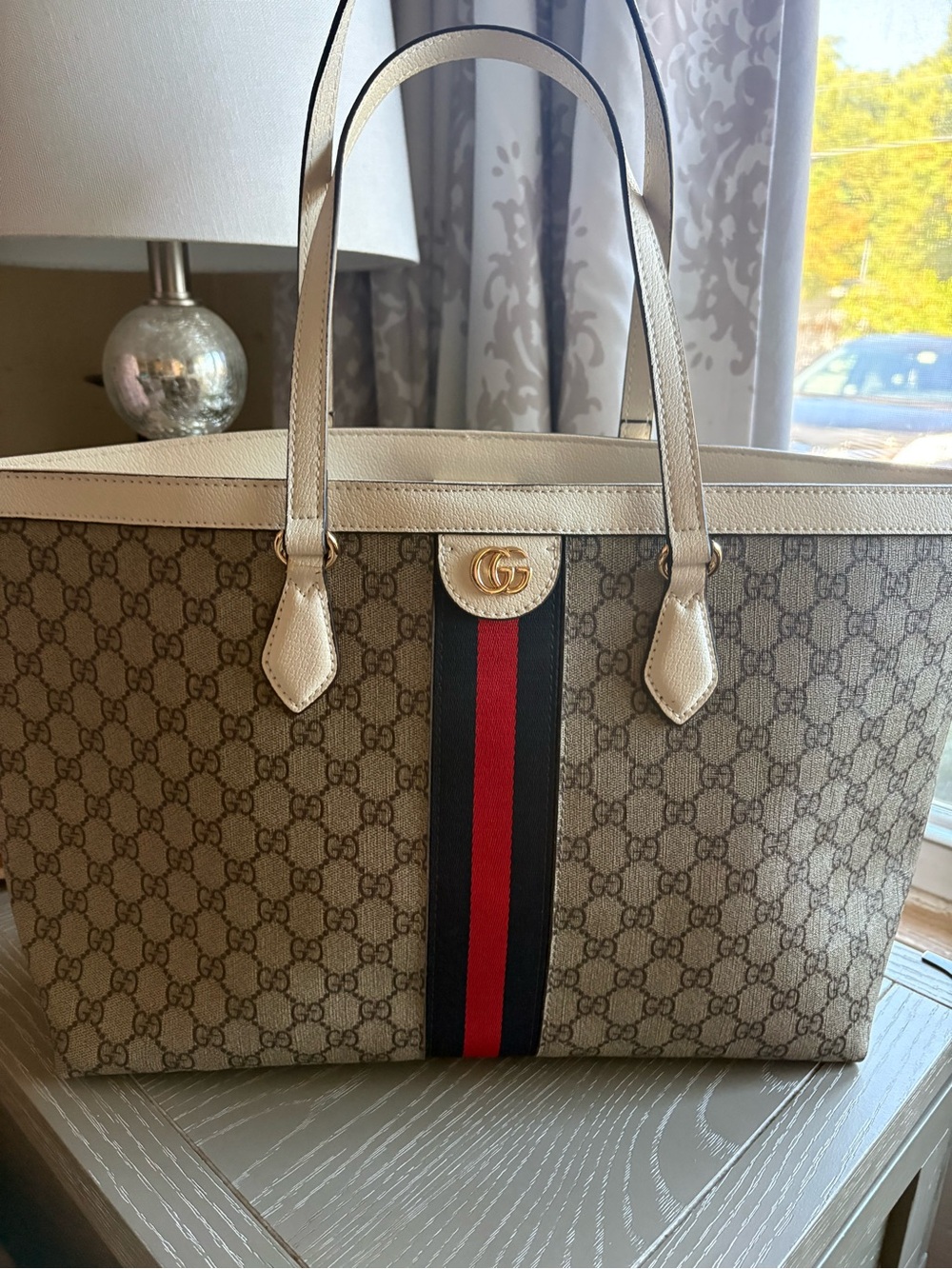 FASHION Beige Supreme Tote with Red & Blue Web Stripe and Cream Trim - Picture 5 of 10